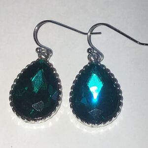 Silver Tone Teardrop Green Gemstone Earrings